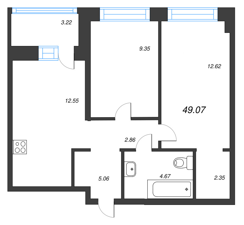 2-комнатная квартира, 49.07 м² в ЖК "Уютный" - планировка, фото №1