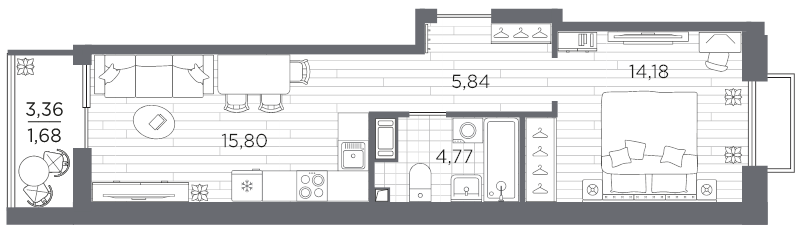 2-комнатная (Евро) квартира, 42.27 м² в ЖК "Respect" - планировка, фото №1