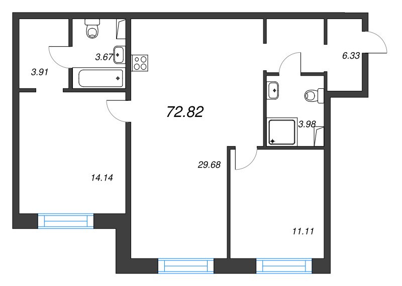 3-комнатная (Евро) квартира, 72.82 м² в ЖК "Остров Первых" - планировка, фото №1