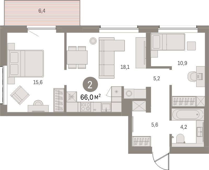 3-комнатная (Евро) квартира, 63.3 м² в ЖК "Северный ветер" - планировка, фото №1