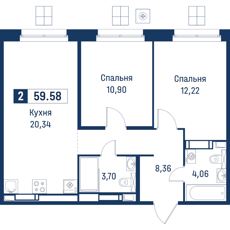 3-комнатная (Евро) квартира, 59.58 м² в ЖК "Символист" - планировка, фото №1