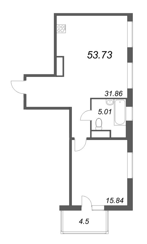 2-комнатная (Евро) квартира, 53.73 м² - планировка, фото №1