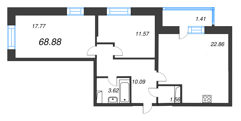 3-комнатная (Евро) квартира, 68.88 м² в ЖК "Аквилон Верба" - планировка, фото №1