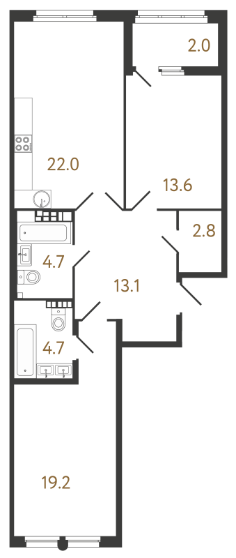 3-комнатная (Евро) квартира, 80.1 м² - планировка, фото №1
