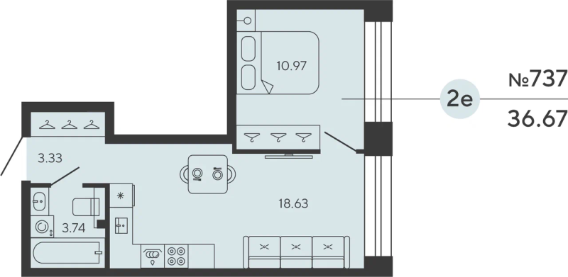 2-комнатная (Евро) квартира, 36.67 м² в ЖК "Bashni Element" - планировка, фото №1