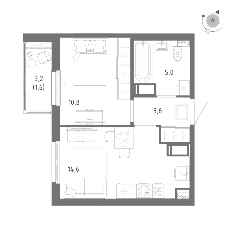 1-комнатная квартира, 35.6 м² в ЖК "Клюква.Парк" - планировка, фото №1