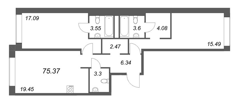 3-комнатная (Евро) квартира, 75.37 м² в ЖК "Avant" - планировка, фото №1