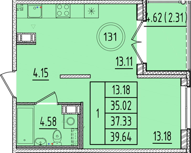 1-комнатная квартира, 35.02 м² в ЖК "Образцовый квартал 17" - планировка, фото №1