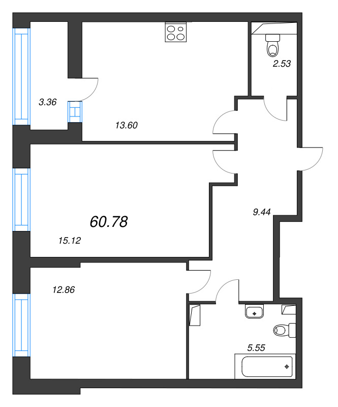 2-комнатная квартира, 60.78 м² - планировка, фото №1