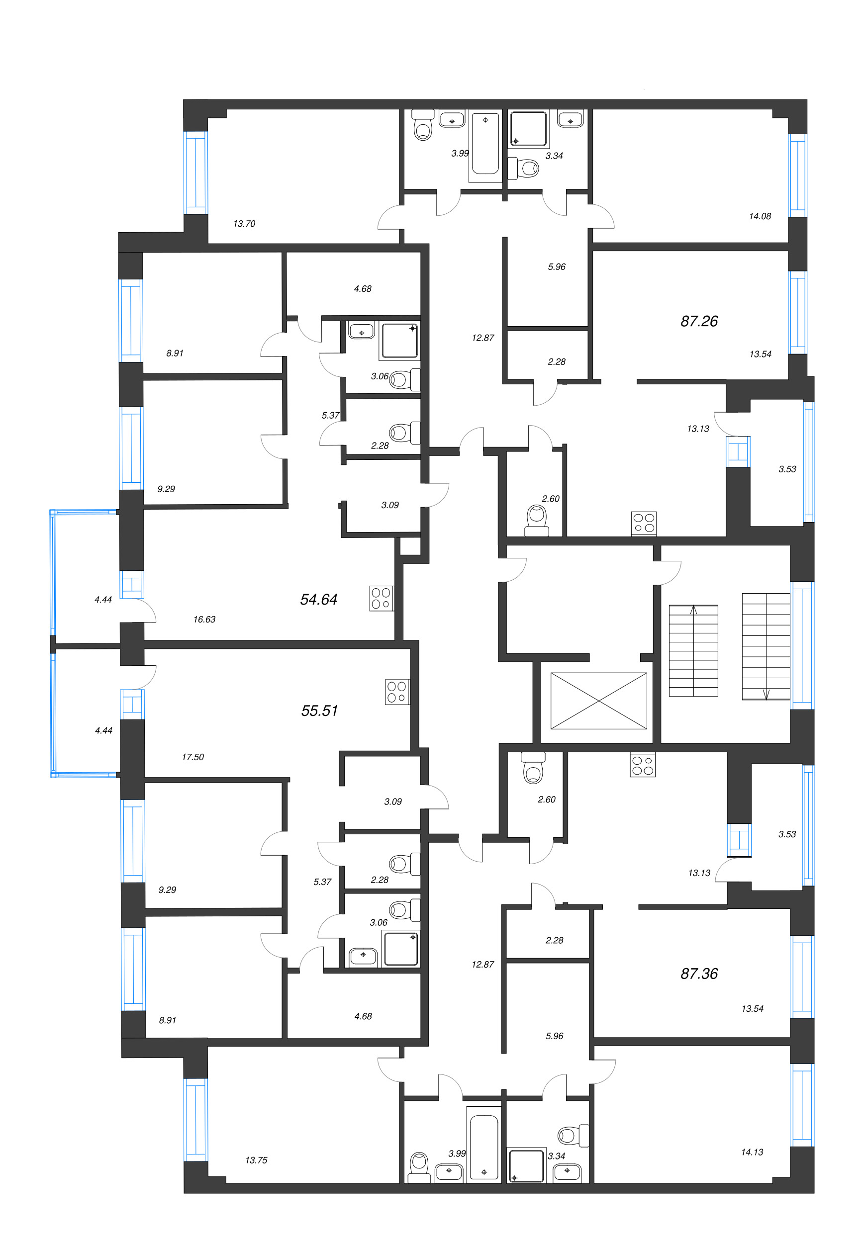 3-комнатная квартира, 87.26 м² в ЖК "Уютный" - планировка этажа