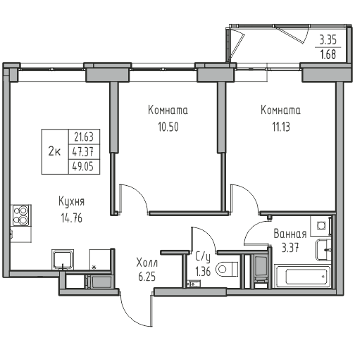 3-комнатная (Евро) квартира, 49.05 м² в ЖК "Юнтолово" - планировка, фото №1