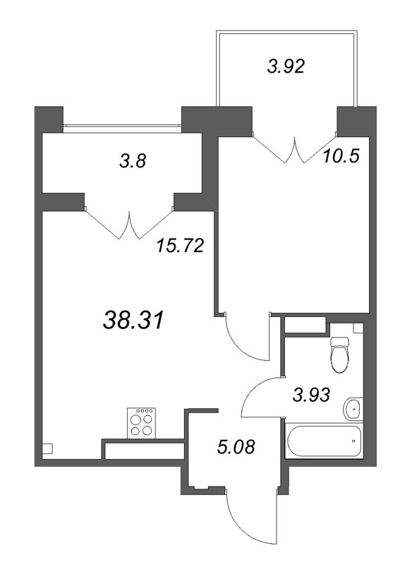 2-комнатная (Евро) квартира, 38.31 м² в ЖК "Ranta Residence" - планировка, фото №1