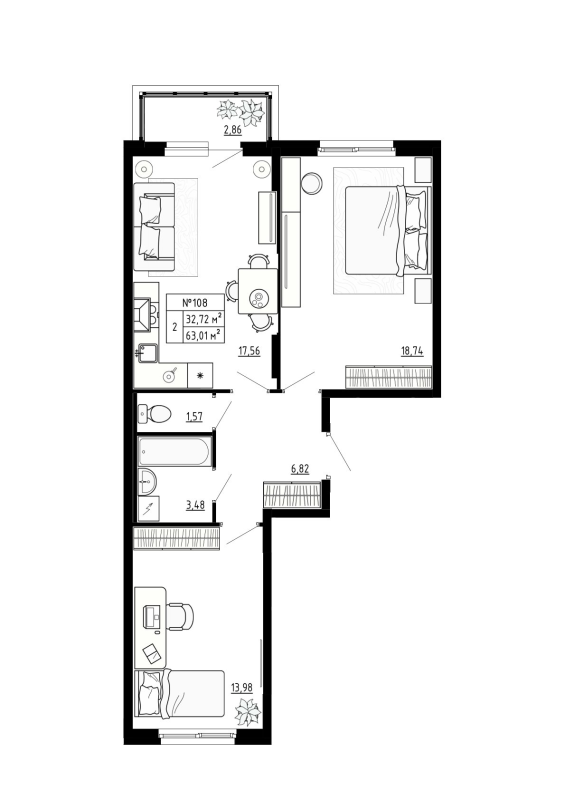 3-комнатная (Евро) квартира, 63.01 м² - планировка, фото №1