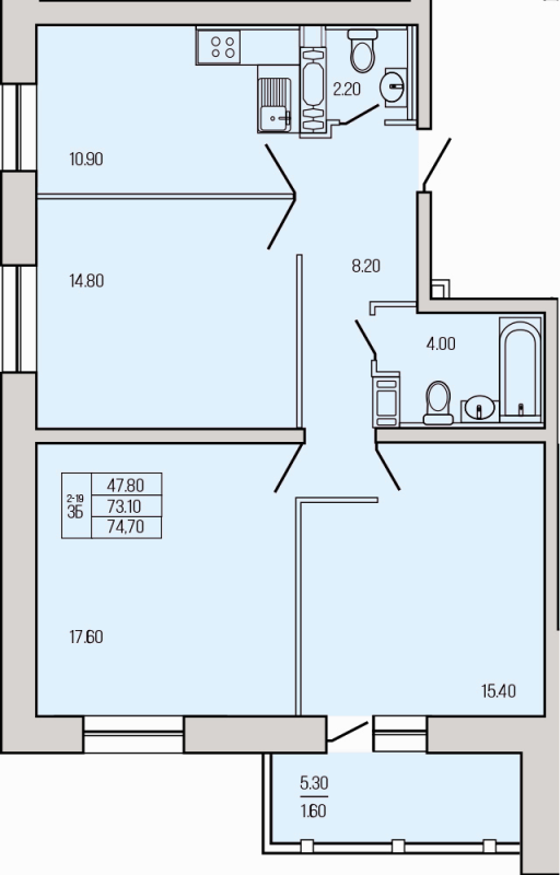 3-комнатная квартира, 74.7 м² в ЖК "Экос" - планировка, фото №1