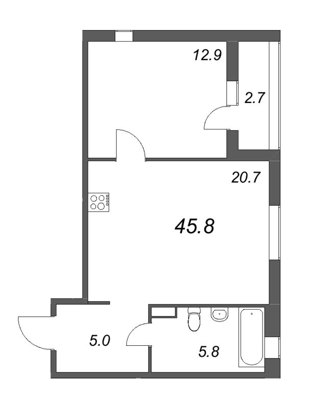 2-комнатная (Евро) квартира, 45.7 м² в ЖК "Дзета" - планировка, фото №1