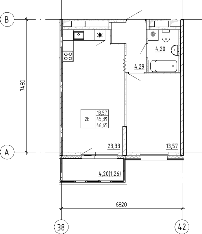 2-комнатная (Евро) квартира, 46.65 м² в ЖК "Квартал «Воронцовский»" - планировка, фото №1