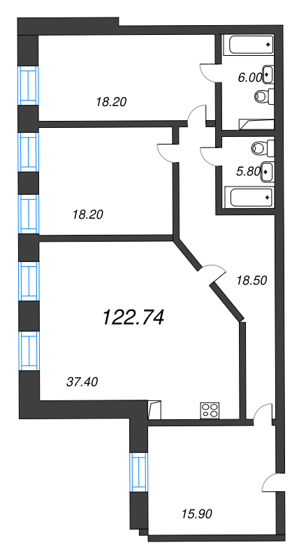 3-комнатная (Евро) квартира, 123 м² - планировка, фото №1