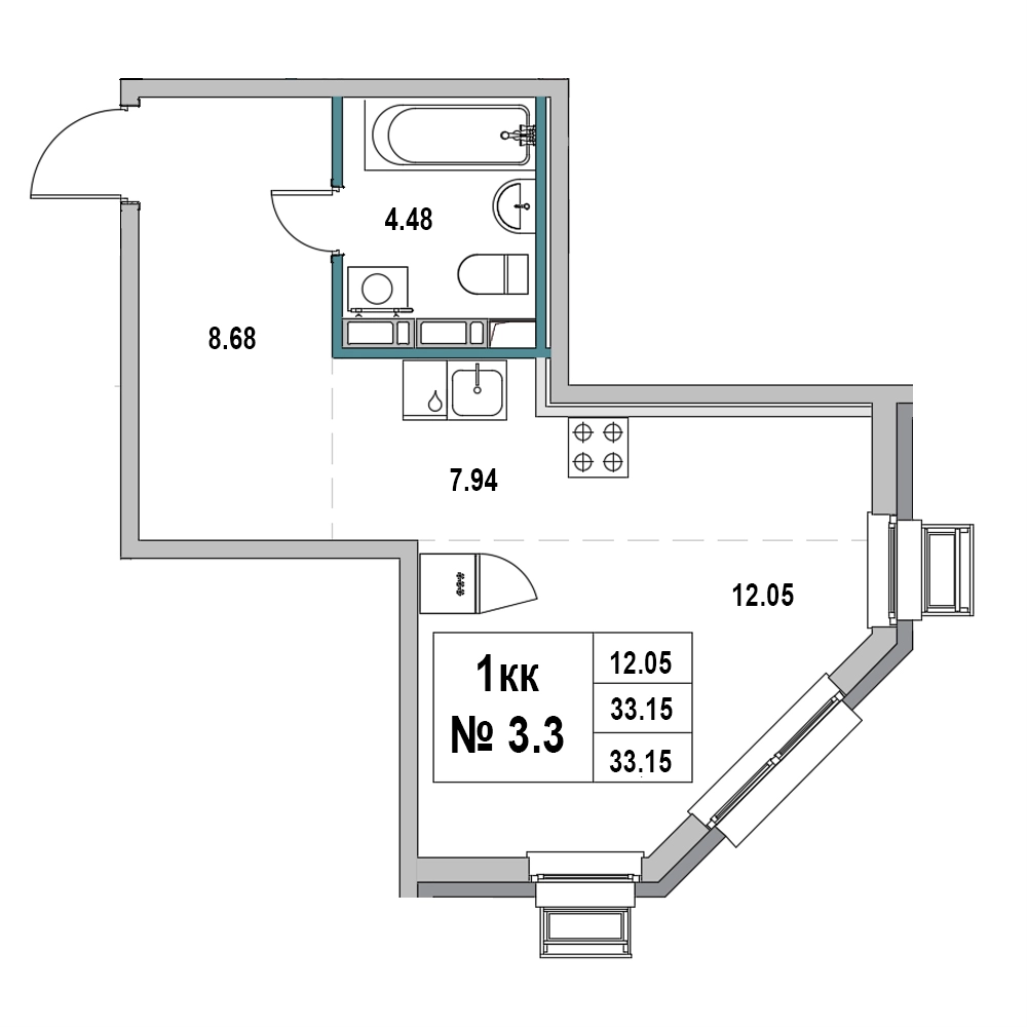 Квартира-студия, 33.15 м² в ЖК "Новый Город" - планировка, фото №1