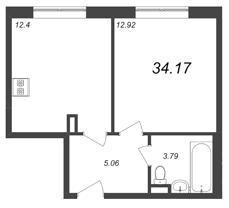 1-комнатная квартира, 33.81 м² - планировка, фото №1