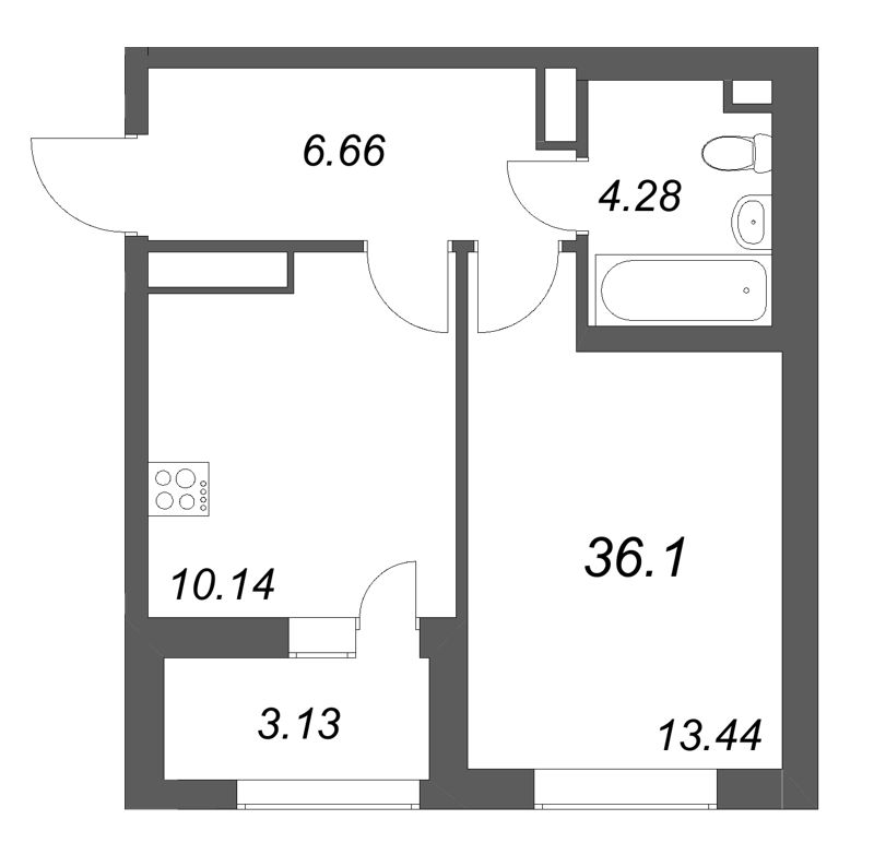 1-комнатная квартира, 36.1 м² в ЖК "Аквилон Солар" - планировка, фото №1