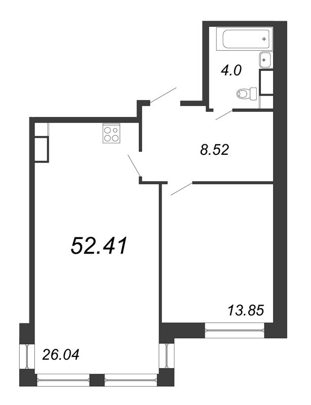 2-комнатная (Евро) квартира, 52.41 м² - планировка, фото №1