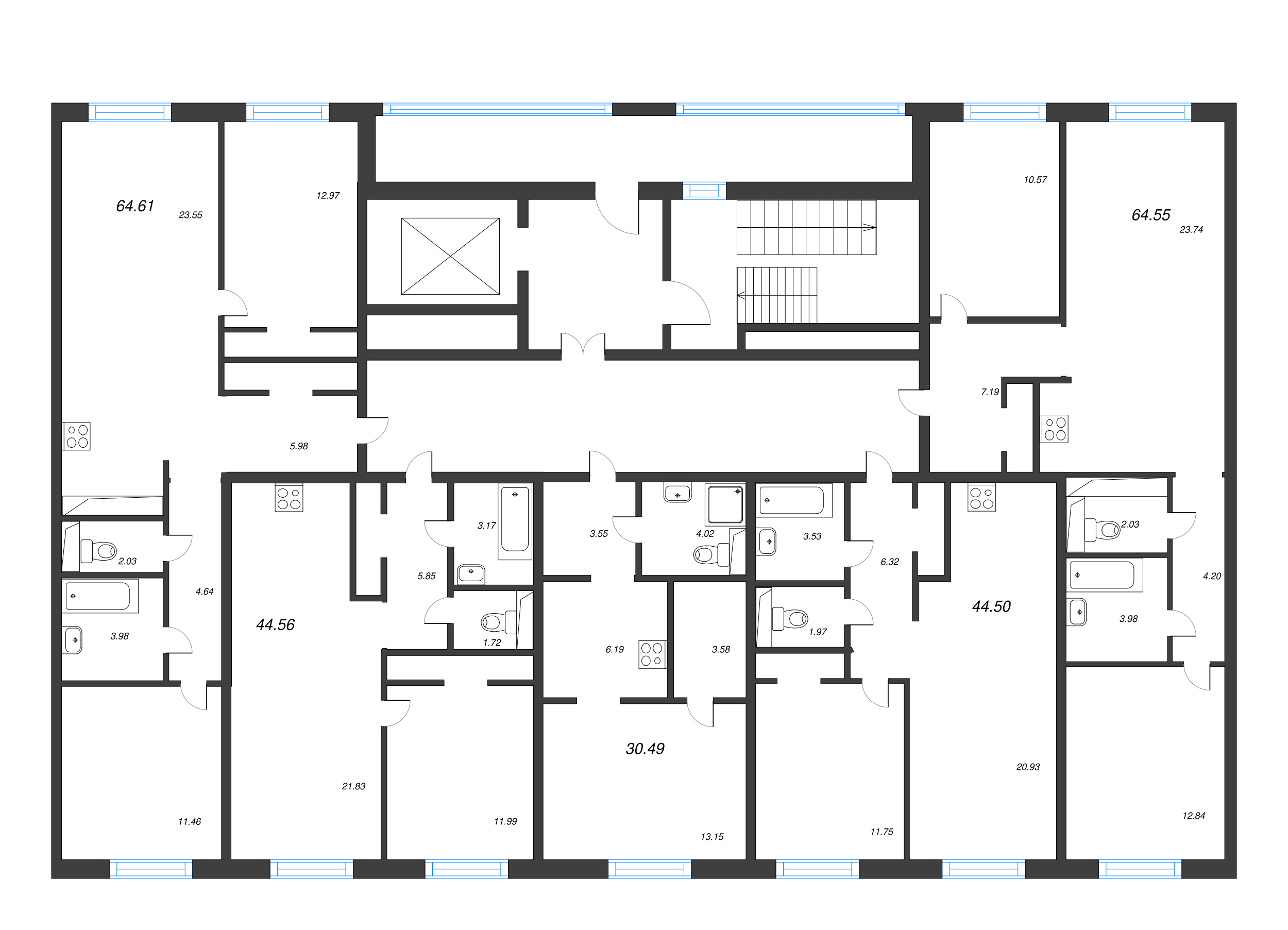 2-комнатная (Евро) квартира, 44.56 м² в ЖК "Legenda Васильевского" - планировка этажа