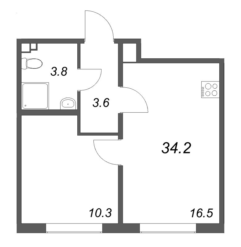 2-комнатная (Евро) квартира, 34.2 м² в ЖК "Пулково Lake" - планировка, фото №1
