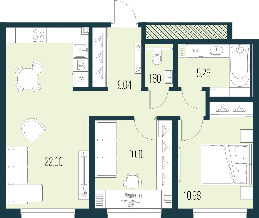 3-комнатная (Евро) квартира, 59.18 м² в ЖК "Новая Земля" - планировка, фото №1