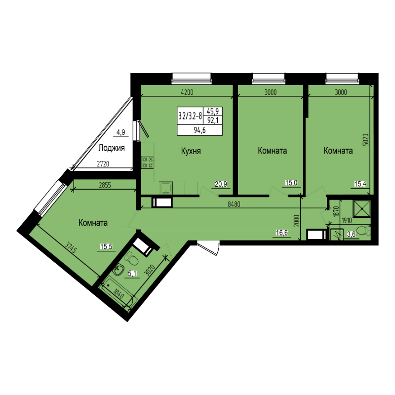 4-комнатная (Евро) квартира, 94.6 м² - планировка, фото №1