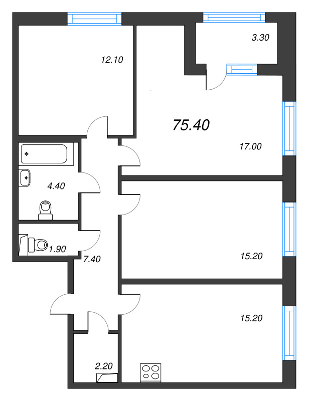 4-комнатная (Евро) квартира, 75.4 м² в ЖК "Дубровский" - планировка, фото №1