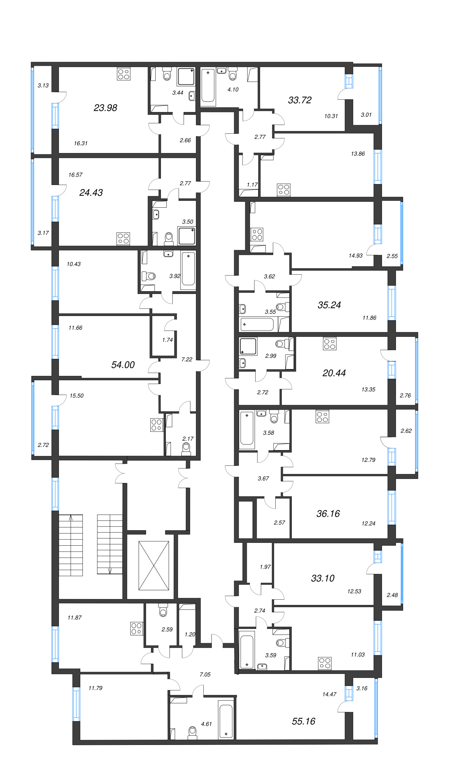 3-комнатная (Евро) квартира, 54 м² - планировка этажа