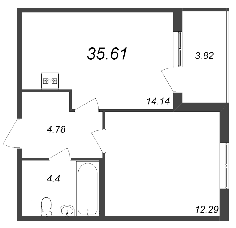 1-комнатная квартира, 35.61 м² - планировка, фото №1