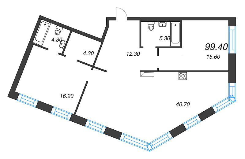 3-комнатная (Евро) квартира, 99.4 м² в ЖК "ЛДМ" - планировка, фото №1