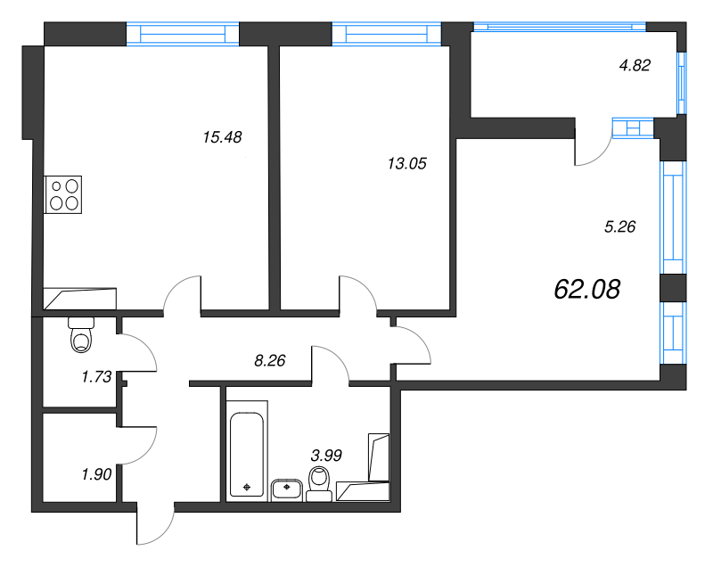 3-комнатная (Евро) квартира, 62.08 м² - планировка, фото №1