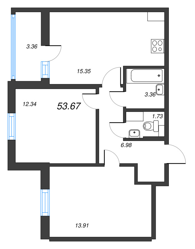 3-комнатная (Евро) квартира, 53.67 м² - планировка, фото №1