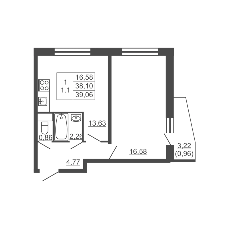 1-комнатная квартира, 39.06 м² в ЖК "Тандем" - планировка, фото №1