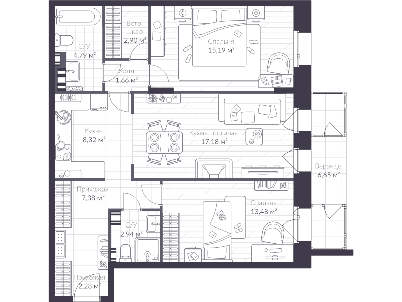 3-комнатная (Евро) квартира, 81.7 м² - планировка, фото №1