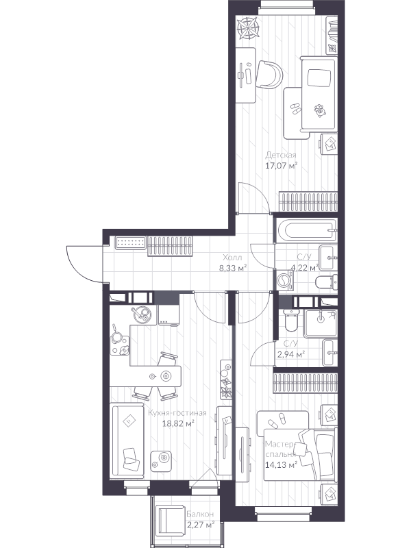 3-комнатная (Евро) квартира, 66.74 м² - планировка, фото №1