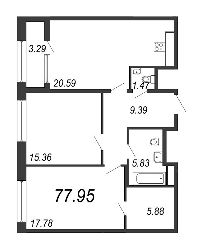 3-комнатная (Евро) квартира, 78 м² - планировка, фото №1
