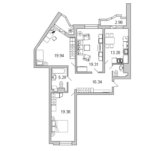 3-комнатная квартира, 98.8 м² - планировка, фото №1