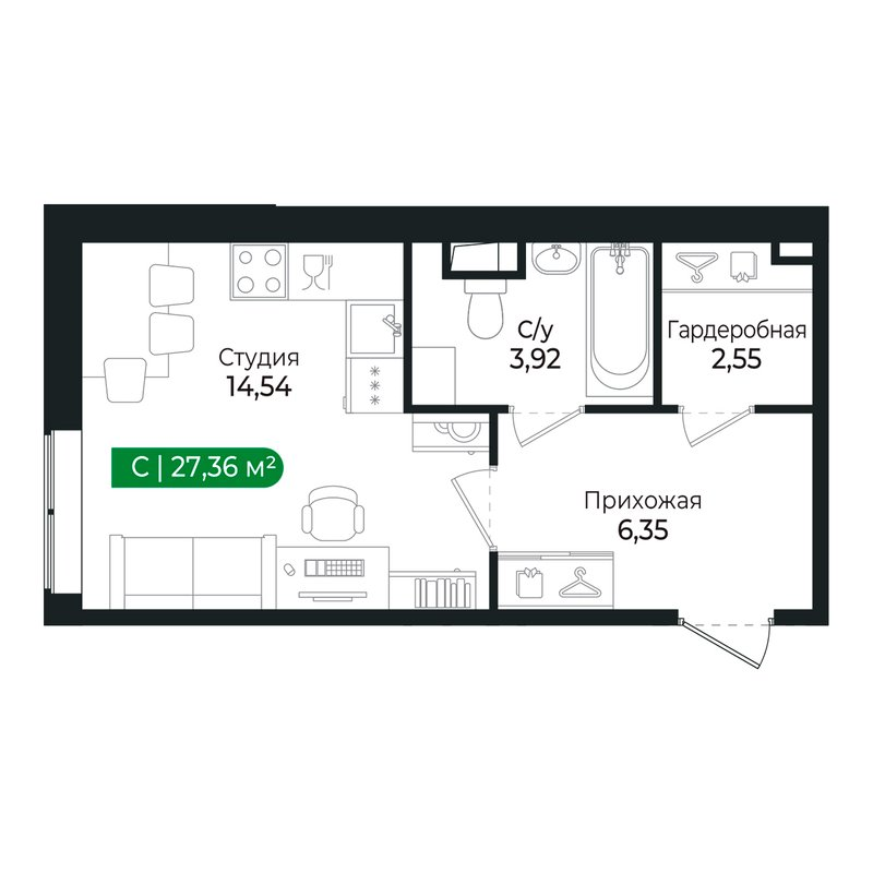 Квартира-студия, 27.4 м² в ЖК "Сертолово Парк" - планировка, фото №1