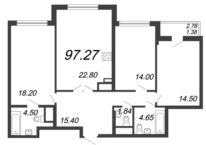 4-комнатная (Евро) квартира, 97.3 м² - планировка, фото №1