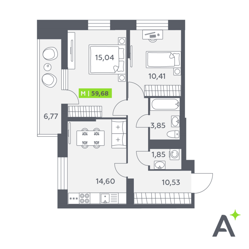 3-комнатная (Евро) квартира, 59.68 м² в ЖК "Аквилон Verba" - планировка, фото №1