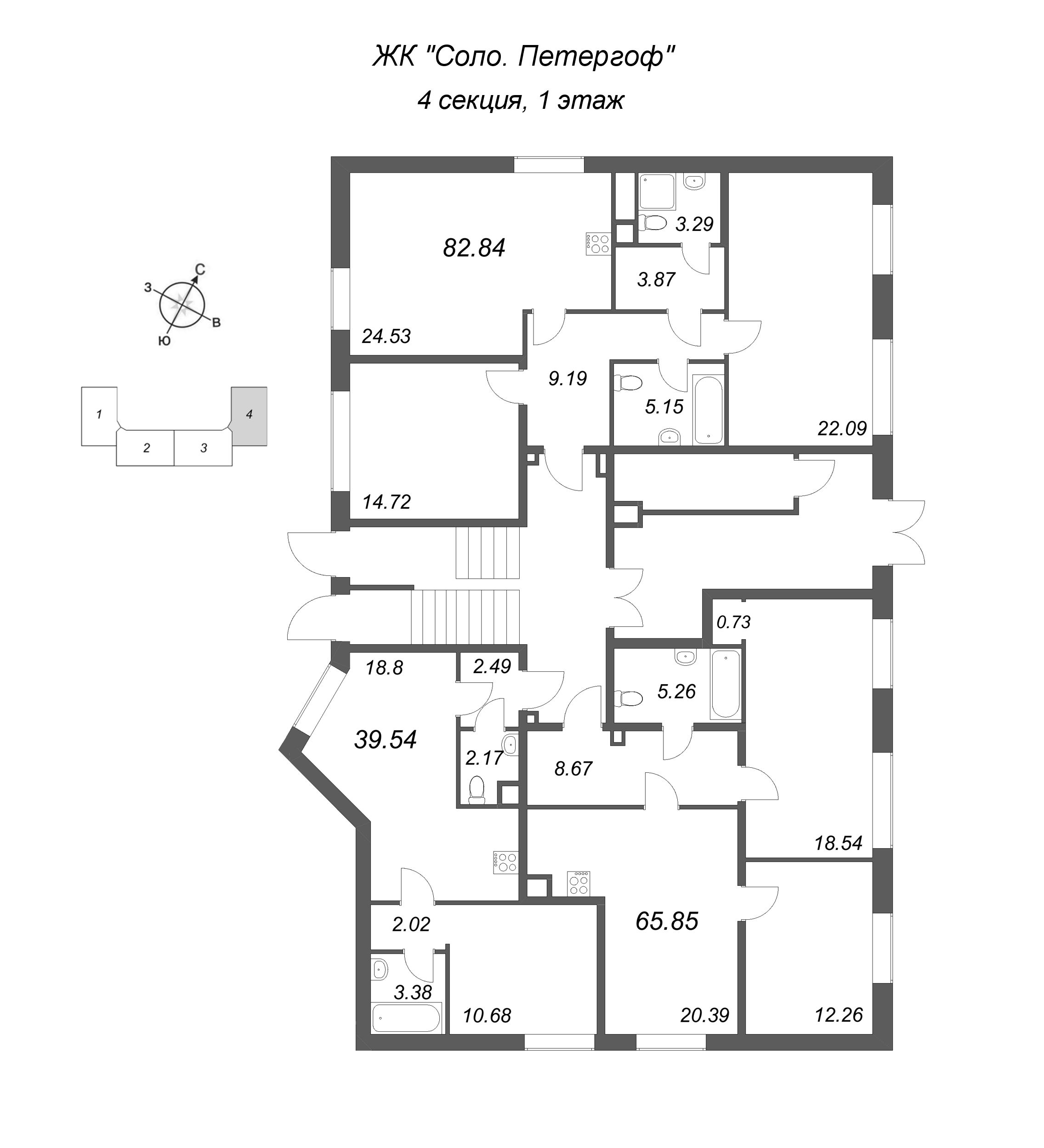 2-комнатная (Евро) квартира, 39.54 м² в ЖК "Соло. Петергоф" - планировка этажа