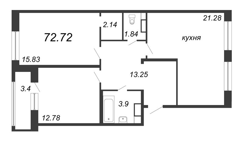 3-комнатная (Евро) квартира, 72.72 м² - планировка, фото №1