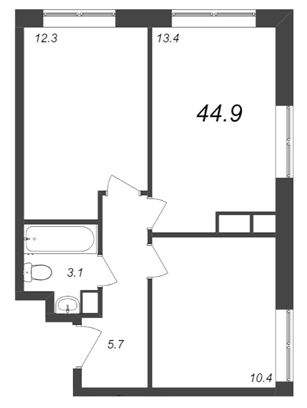 2-комнатная квартира, 45.37 м² - планировка, фото №1
