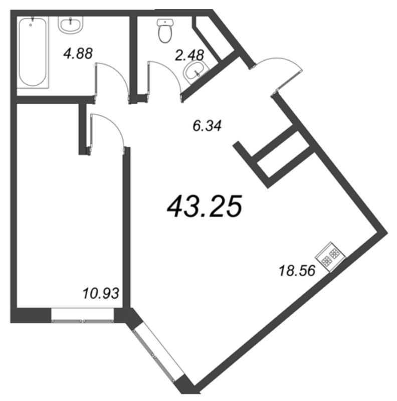 2-комнатная (Евро) квартира, 44.2 м² - планировка, фото №1