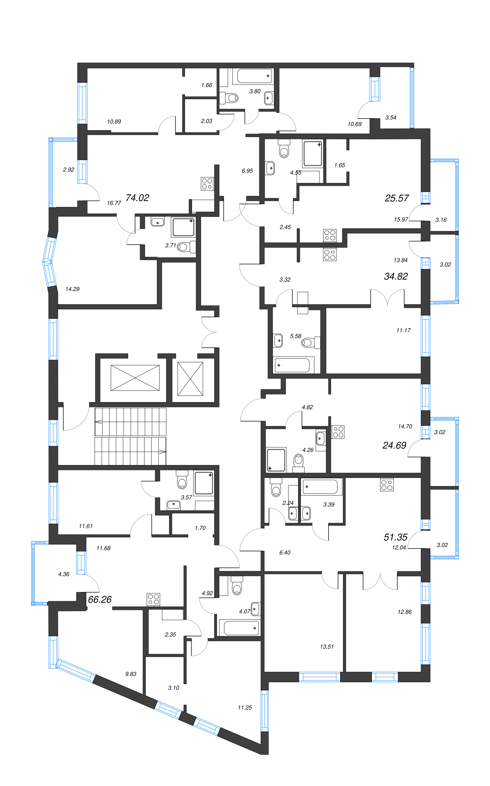 4-комнатная (Евро) квартира, 74.02 м² - планировка этажа