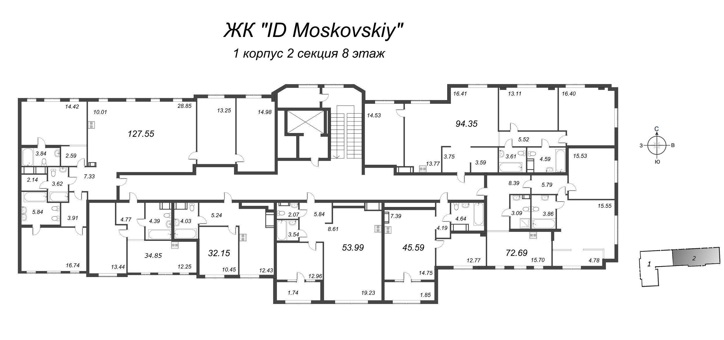 3-комнатная (Евро) квартира, 72.69 м² - планировка этажа