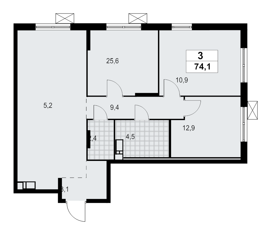 3-комнатная квартира, 74.06 м² - планировка, фото №1